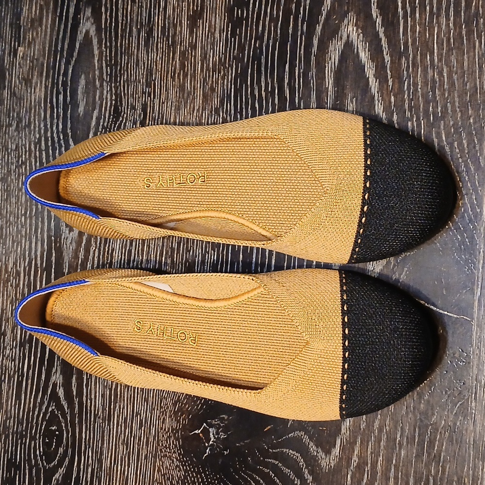 Rothy's Mustard Yellow and Black Cap-Toe Flats